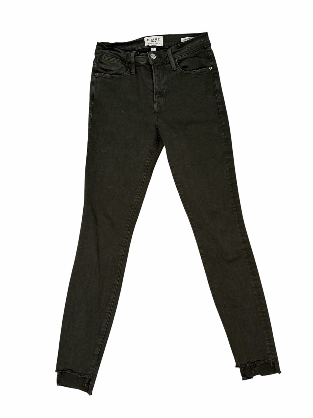 FRAME Le High Skinny Raw Hem Jeans Forest Falls Olive Green Size 25